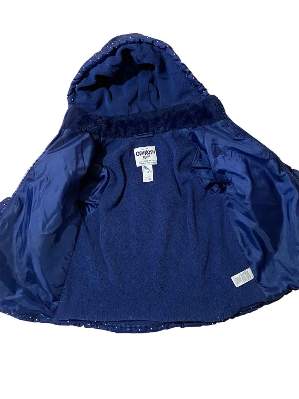 OshKosh B’gosh Girls Puffer Coat 4T Navy Polka Dot Fleece Lined Hood Winter - Picture 5 of 8